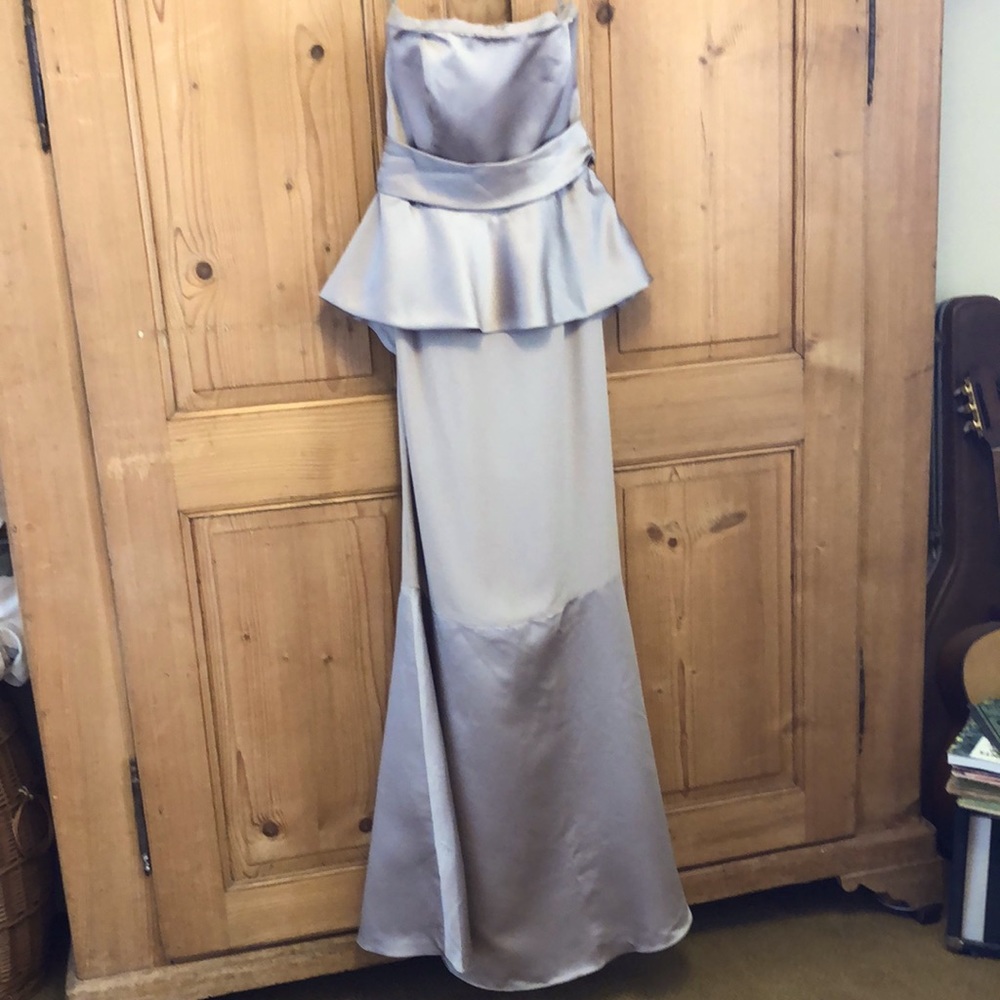 White by Vera Wang Classic Taupe Strapless Maxi Dress w/Peplum Wedding Bridal 10
